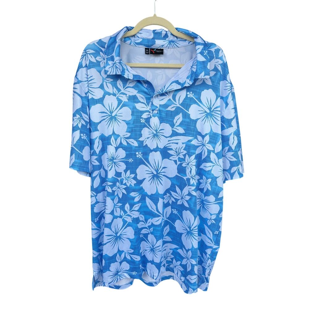 Yatta Golf Kahakai Polu Blue White Floral Short Sleeve Polo Shirt Size XXL - Picture 2 of 6